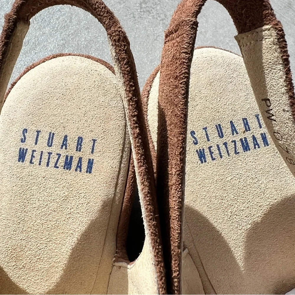 Stuart Weitzman Sling Back Neutral Tan Wedge Sandals, size 8